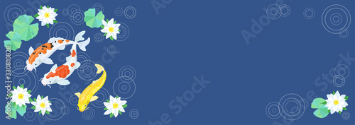 Three colorful Japanese koi carp swim in the flowering pond during the rain. Banner on a classic blue background with place for your text. Vector illustration.