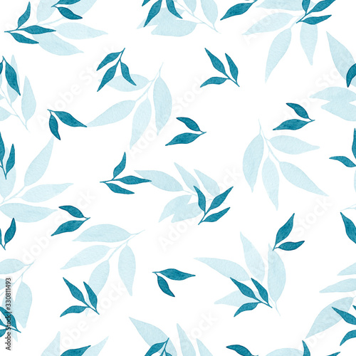 seamless repeat pattern with teal leaves, watercolor leaf background, beautiful surface pattern design for wrapping projects, posters, backgrounds
