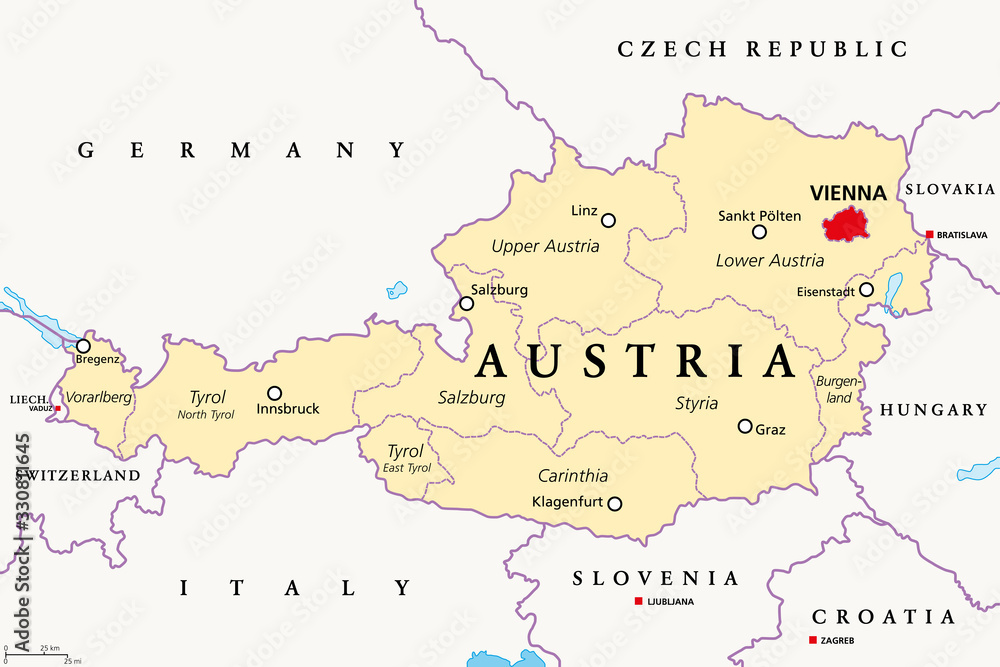 Austria, political map, with the capital Vienna, nine federated states and their capitals. With borders and the neighbor countries. English labeling. Illustration. Vector.