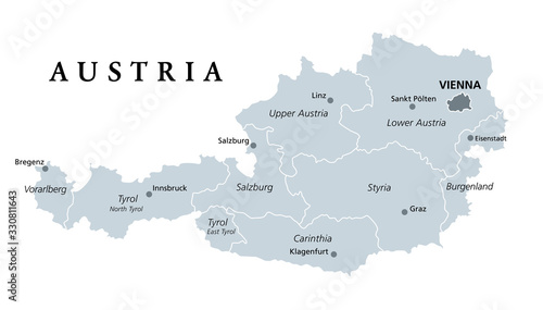 Austria, gray colored political map, with the capital Vienna, nine federated states, the capitals and borders. English labeling. Isolated illustration on white background. Vector.