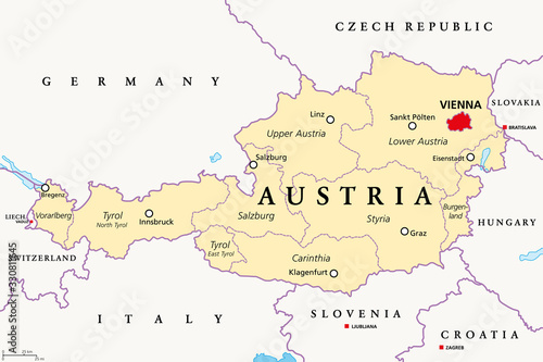 Austria, political map, with the capital Vienna, nine federated states and their capitals. With borders and the neighbor countries. English labeling. Illustration. Vector.