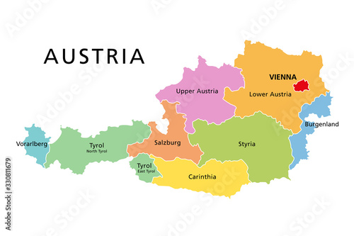 Austria, political map, with colored federated states, the capital Vienna and the borders. English labeling. Isolated illustration on white background. Vector.