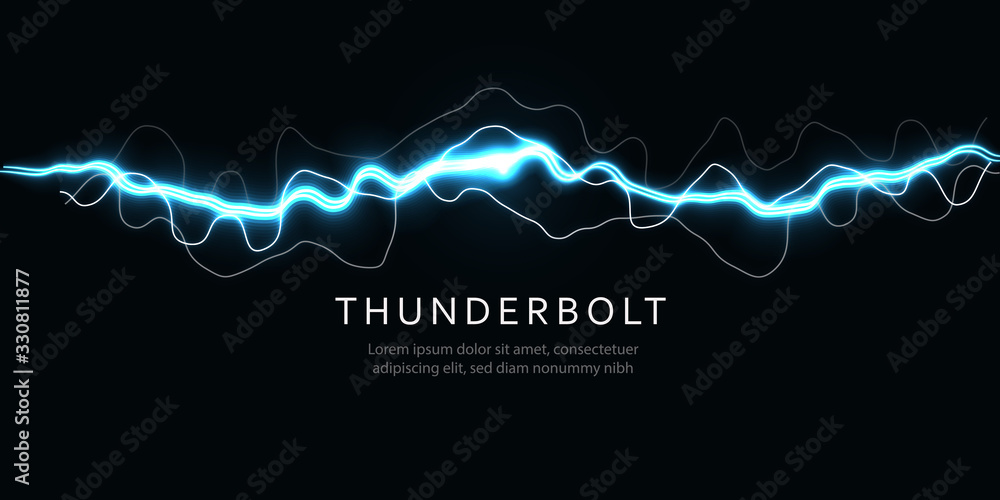 Thunderbolt, isolated lightning, electric current line, blue magic ray, abstract audio equalizer, digital signal amplitude, electric energy vector illustration - obrazy, fototapety, plakaty 