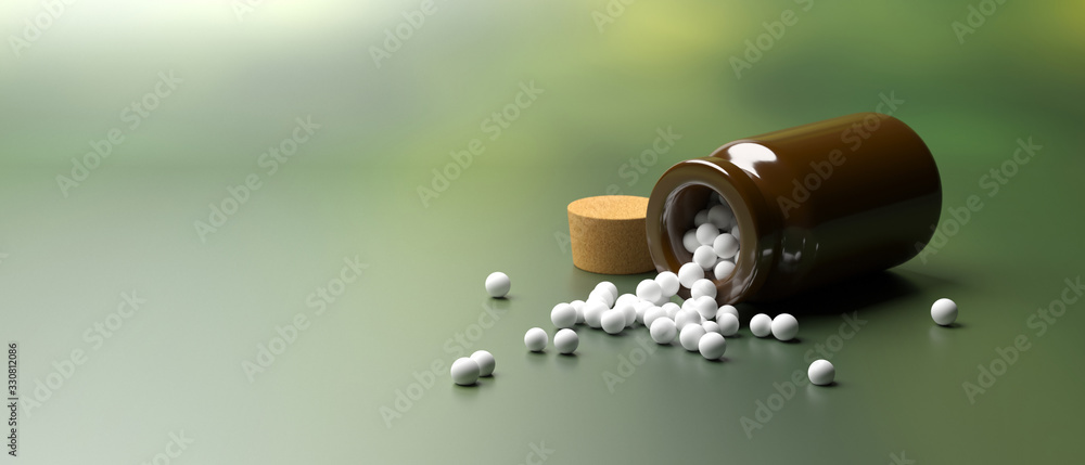 Glass container and homeopathic pills on blur green nature background. 3d illustration - obrazy, fototapety, plakaty 
