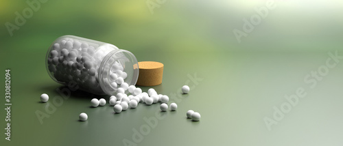 Glass container and homeopathic pills on blur green nature background. 3d illustration photo