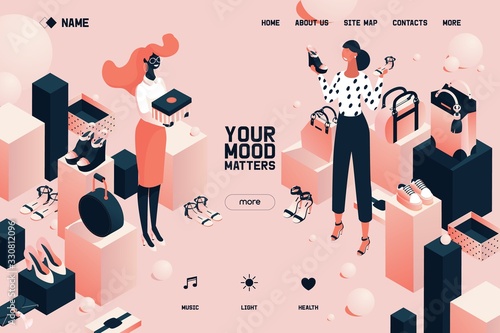 Isometric landing page fashion shoe store, bags in pink pastel colors concept scene