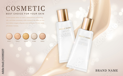 Vector 3D cosmetic make up illustration foundation product bottle with creamy shiny elegant background