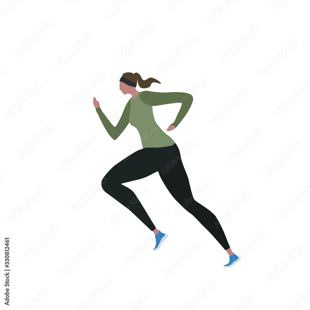 Vector illustration of girl jogging, running on the street. Fitness poses   