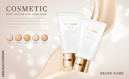 Vector 3D cosmetic make up illustration foundation product bottle with creamy shiny elegant background