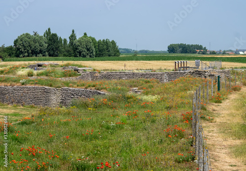 World War I trenches known as Dodengang (Trench of Death) surrounded by poppies. Located near Diskmuide, Flanders, Belgium photo