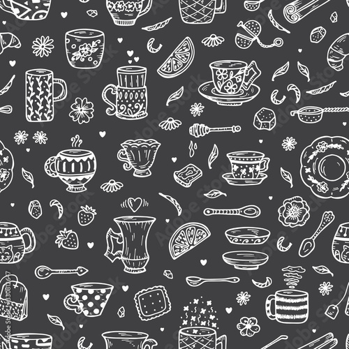 Hand Drawn doodle Coffee Cups or Tea Cups and Different additives for tea drinking - Vector Seamless Pattern. Black and white