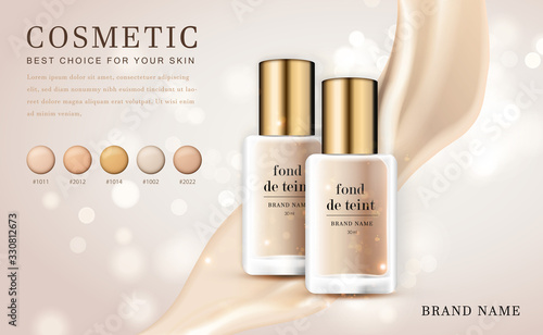 Vector 3D cosmetic make up illustration foundation product bottle with creamy shiny elegant background