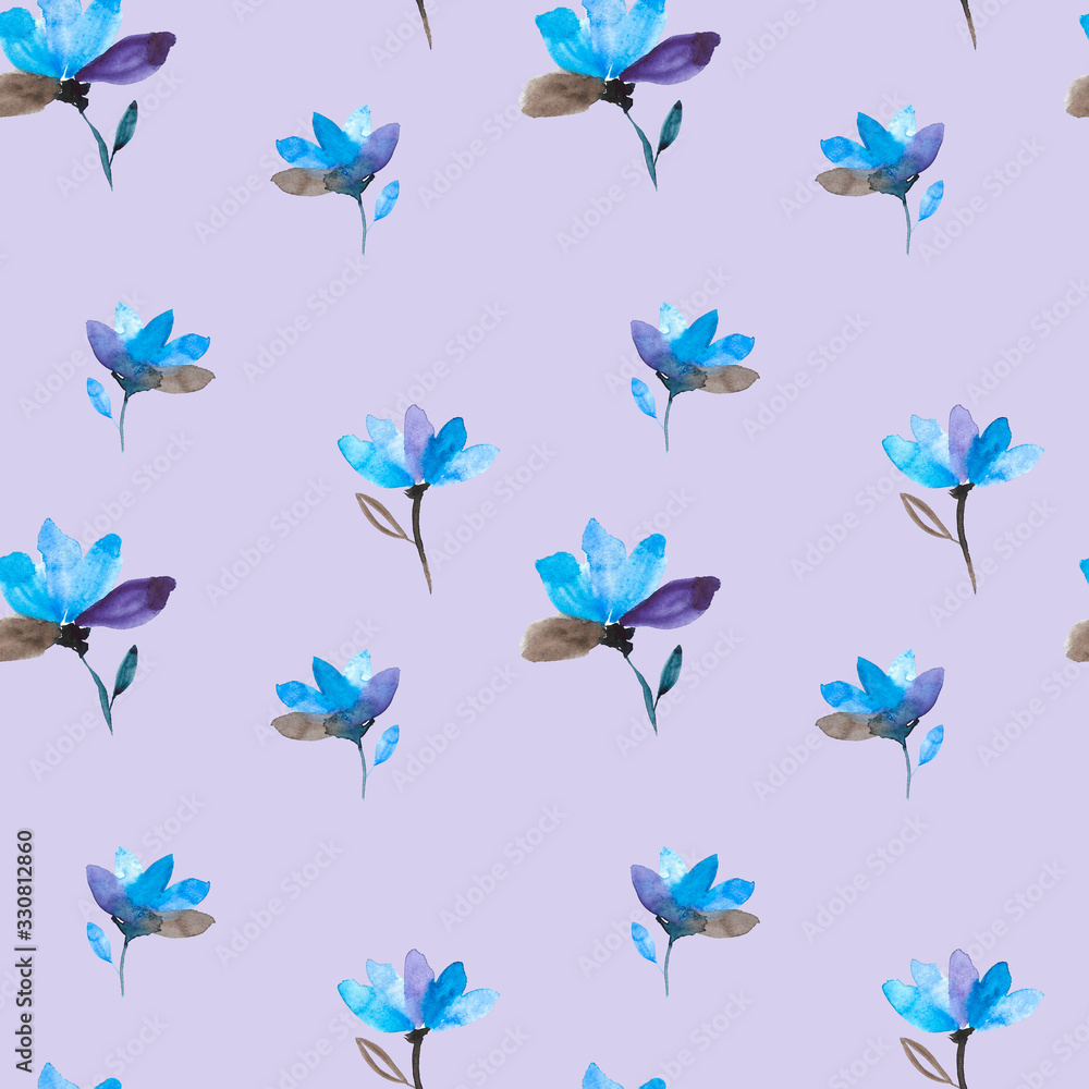 Seamless watercolor raster pattern. Blue flowers on a lilac background.