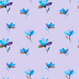 Seamless watercolor raster pattern. Blue flowers on a lilac background.
