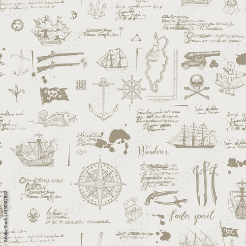 Vector abstract seamless pattern on the theme of pirate adventures with sketches and illegible notes. Vintage background with skull, crossbones, flag, swords, guns, caravels and other nautical symbols