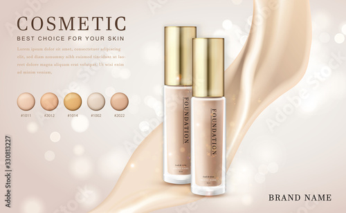 Vector 3D cosmetic make up illustration foundation product bottle with creamy shiny elegant background