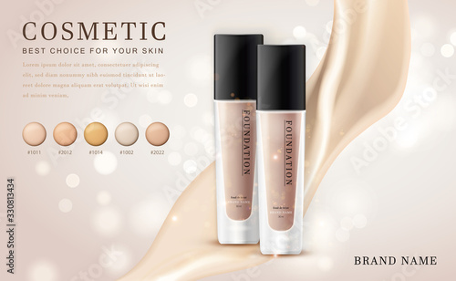Vector 3D cosmetic make up illustration foundation product bottle with creamy shiny elegant background