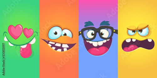Cartoon monster faces set. Vector collection of four Halloween monster avatars with different face expressions. Halloween design
