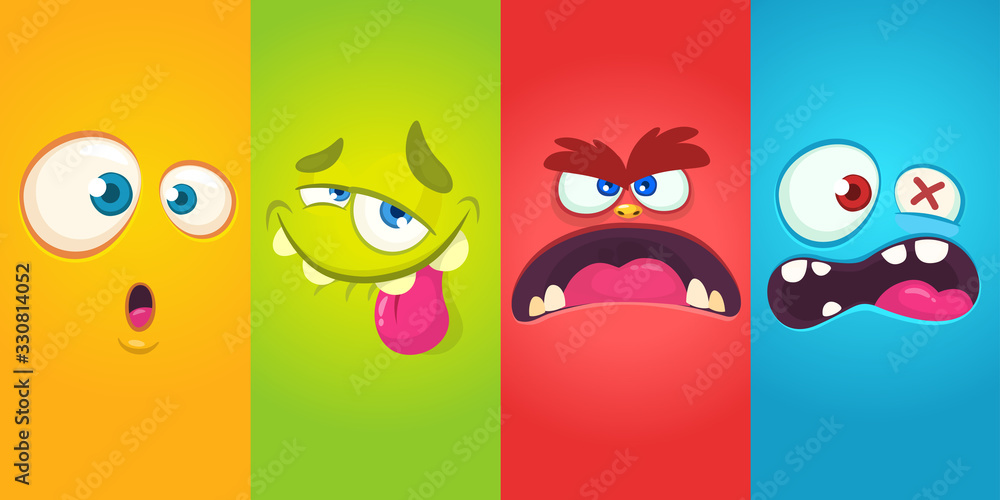 Fototapeta premium Cartoon monster faces set. Vector collection of four Halloween monster avatars with different face expressions. Halloween design