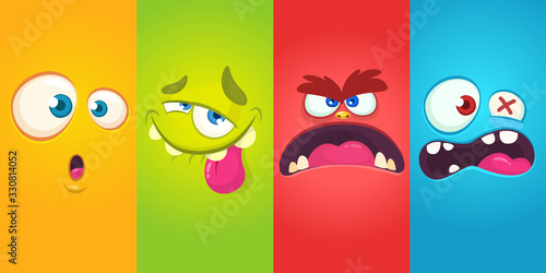 Cartoon monster faces set. Vector collection of four Halloween monster avatars with different face expressions. Halloween design