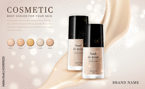 Vector 3D cosmetic make up illustration foundation product bottle with creamy shiny elegant background