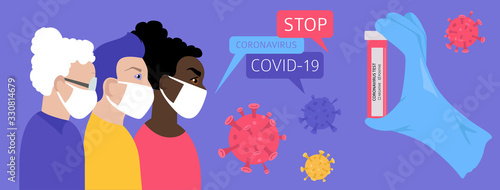 Many different ages and nationatily people in medical face mask. Quarantine, stop coronavirus epidemic design concept