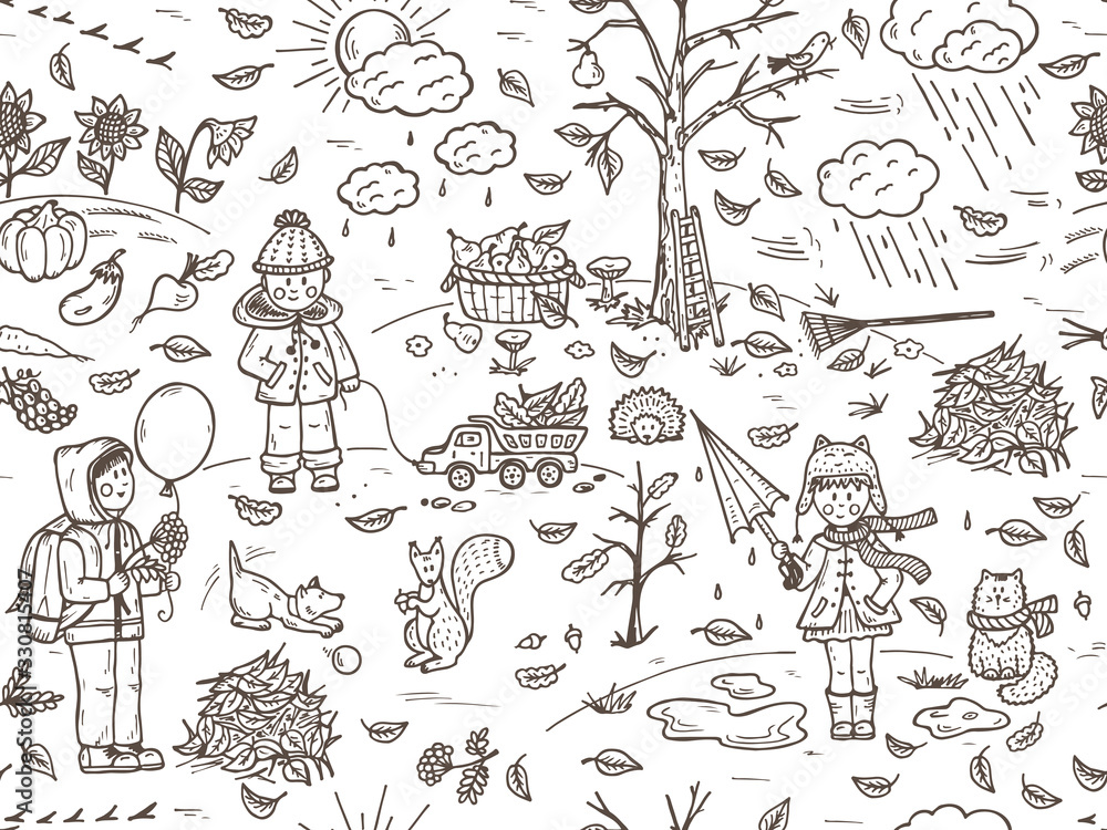Fototapeta premium Hand drawn doodle Childhood Seamless pattern. Autumn season. Children. Walk on outdoors. Colorful Background for kids. Rainy weather.
