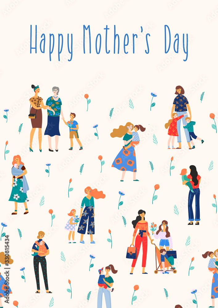 Happy Mothers Day. Vector illustration with women and children.