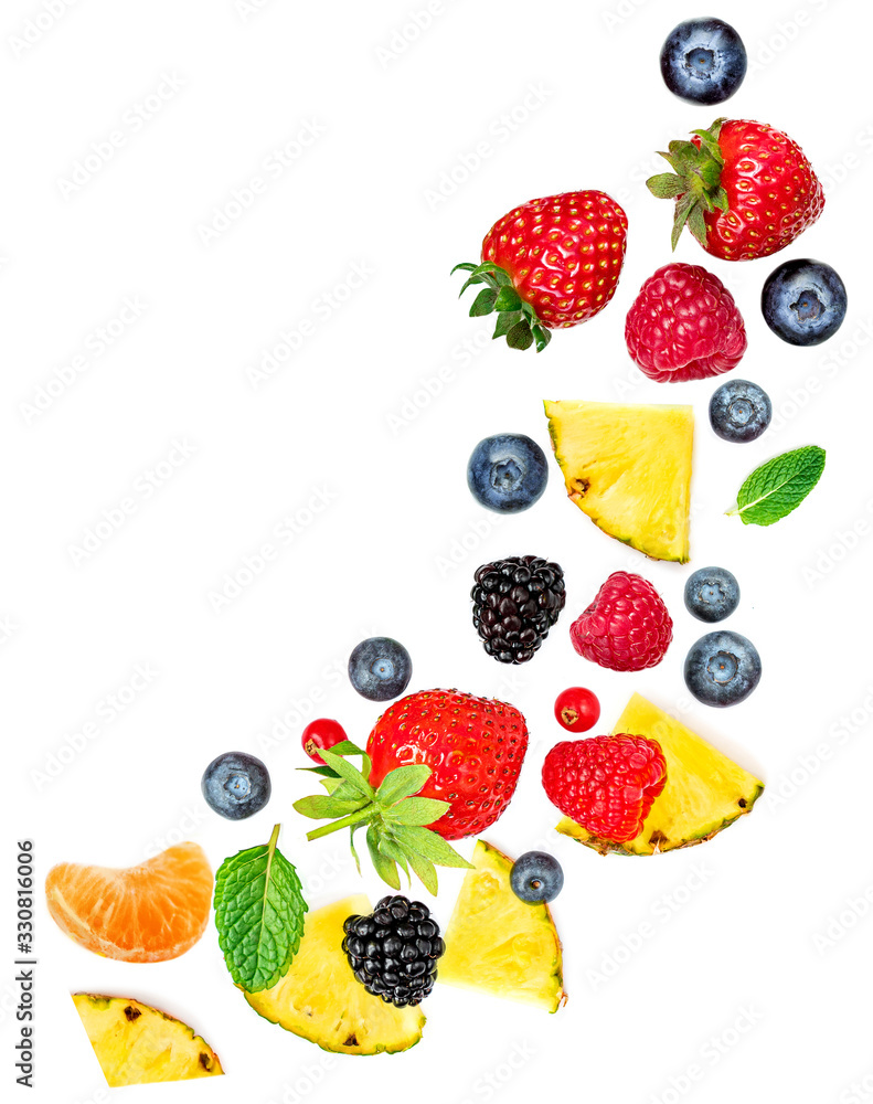 Naklejka Creative layout made of summer fruits and mixed berries isolated on white background. Flat lay. Food concept..