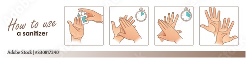 How to use a hand sanitizer to clean and disinfect hands. Vector illustration of Medical instruction