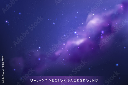 Cosmos background with realistic stardust, nebula and shining stars. Colorful galaxy backdrop. Space vector illustration. Starry night, infinite universe, milky way.