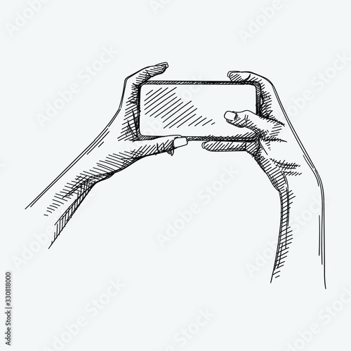 Hand-drawn sketch of female hands on a white background holding a smartphone and taking a selfie or simply making a picture.