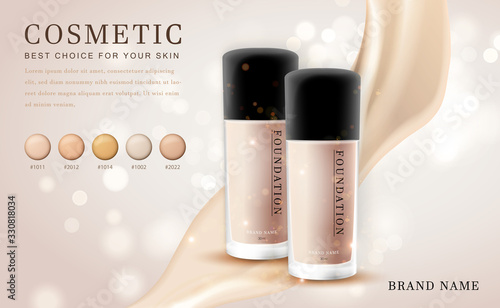 Vector 3D cosmetic make up illustration foundation product bottle with creamy shiny elegant background