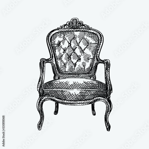 Hand-drawn sketch of Chesterfield leather armchair with quilted and long backrest. Armchair of the antique period. Vintage armchair. Chesterfield sofas