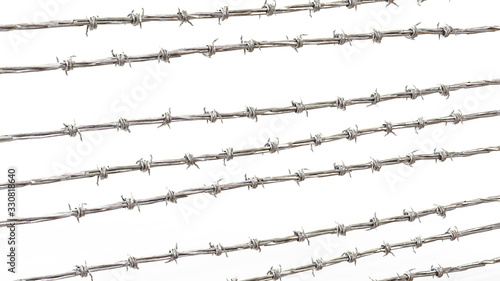 3D illustration. Old rusty security barbed wire isolated on white background. Sharp military security fence. Closeup.