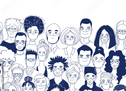 Diverse crowd group people wearing medical masks protection coronavirus epidemic.