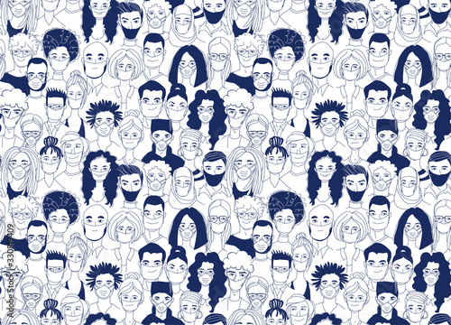 Diverse crowd group people wearing medical masks protection coronavirus epidemic.