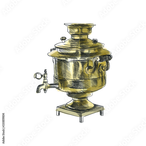 Colorful hand-drawn sketch of samovar on a white background. Yellow ancient samovar or tea-urn. Samovar on a stand. Old-fashioned samovar.