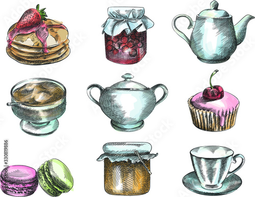 Colorful hand-drawn sketch of desserts and dishware for tea ceremony. Pancakes with strawberries, cupcake with cherry, jam in a jar, honey, macarons, cup of tea, granulated sugar, teapot, sugar bowl w