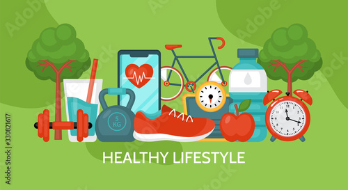 Healthy lifestyle concept. Fitness and diet banner design with food and sport equipment. Vector illustration