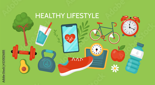 Healthy lifestyle concept. Fitness and diet banner design with food and sport equipment. Vector illustration