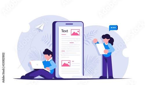 Create content concep. People are working on creating information al-information posts on social networks or news sites. Modern flat vectro illustration.