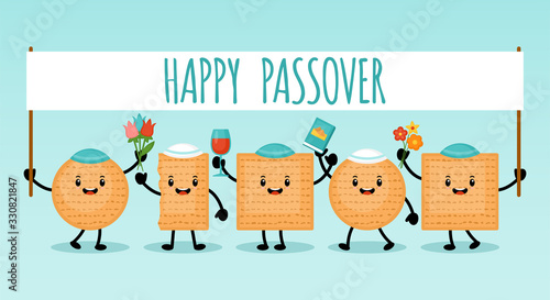 Passover holiday banner design with matzah funny cartoon characters.