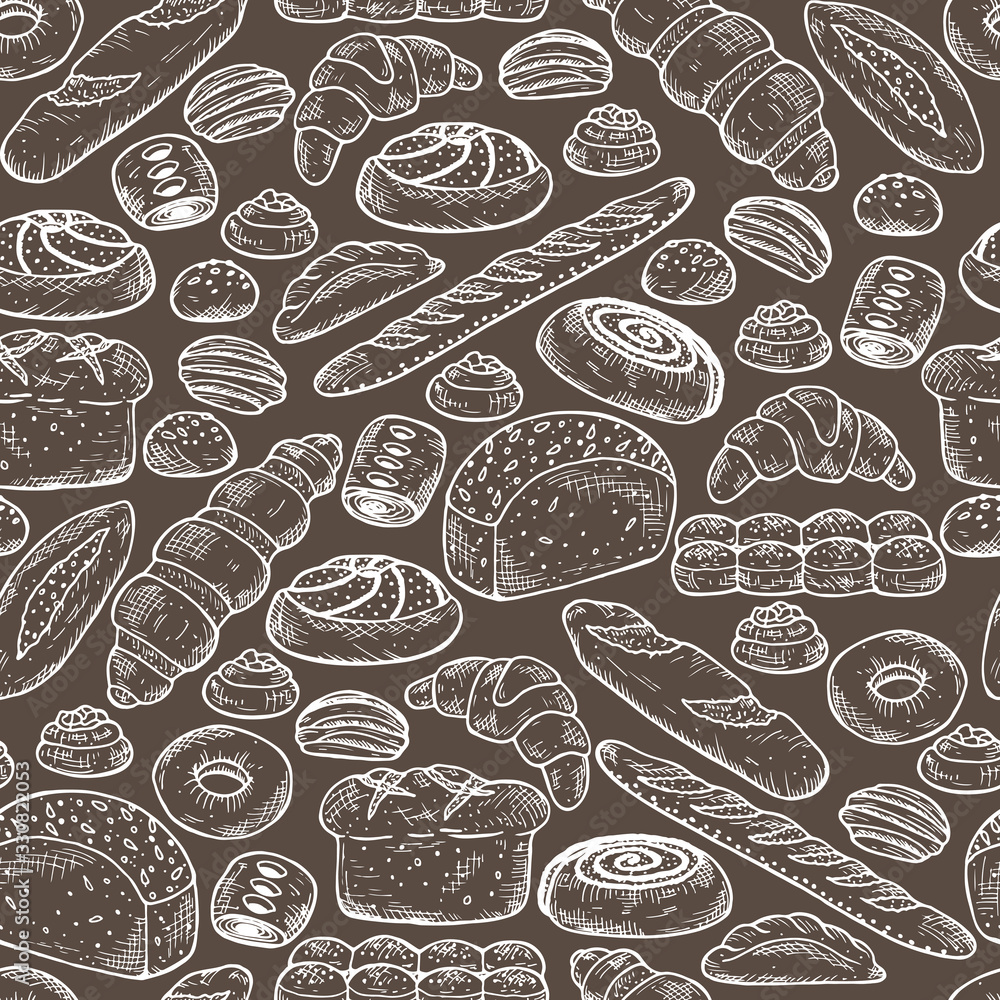 Hand drawn Bakery products and Sweet Pastries. Bread Seamless pattern. Vector illustration