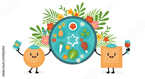 Passover holiday banner design with matzah funny cartoon characters and traditional seder plate.