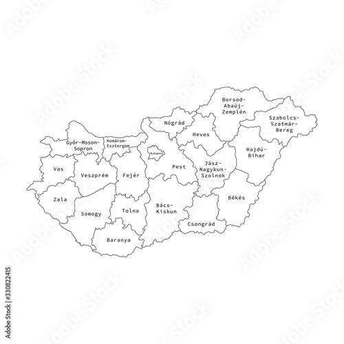 Vector illustration of administrative division map of Hungary. Vector map.