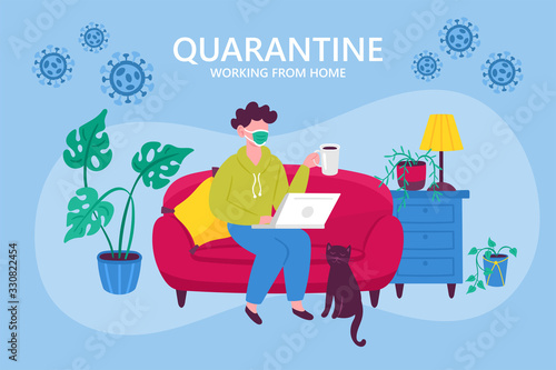 Plakat Coronavirus quarantine concept. Working from home. Man sitting on couch and working on laptop. Flat cartoon vector illustration