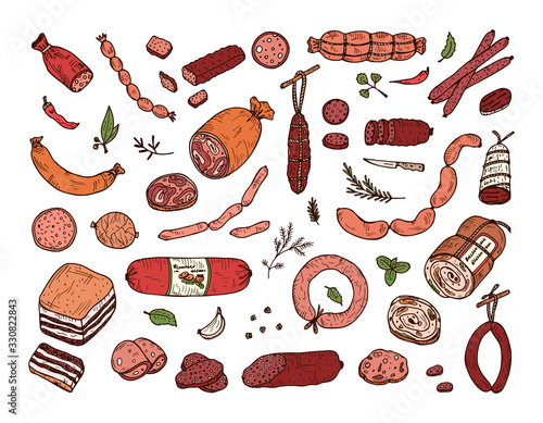 Food. Sausages set. Hand drawn doodle Meat products: Ready sausage, bacon, sliced saveloy, sausage, spicy pepperoni, smoked sausages, stick of salami, baked meatloaf, frankfurters