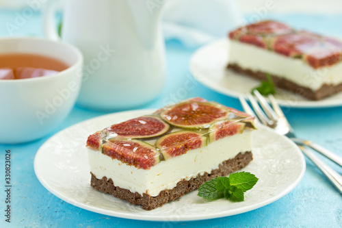 low calorie cheesecake with figs. selective focus.