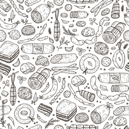Food. Sausages Seamless pattern. Hand drawn doodle Meat products: Ready sausage, bacon, sliced saveloy, sausage, spicy pepperoni, smoked sausages, stick of salami, baked meatloaf, frankfurters